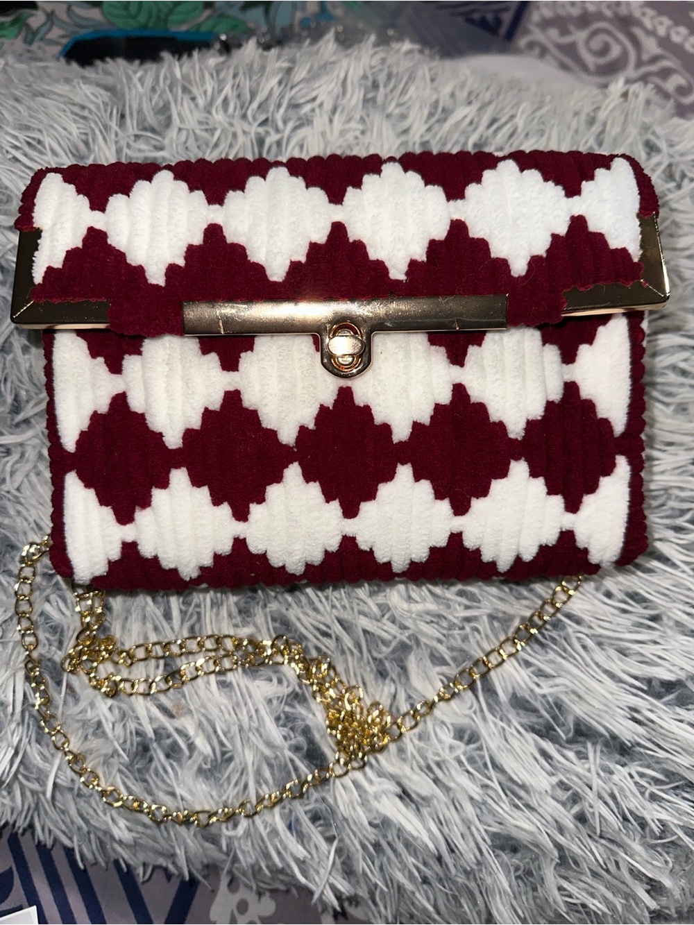 Maroon and White Quilted Chain-Handle Clutch( hand made)